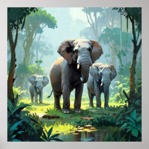 Unique Elephants Pack in Jungle Wildlife Painting Poster