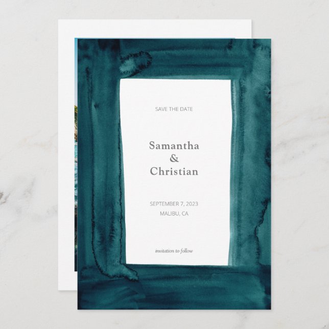Unique Emerald Watercolor Photo Save the Date Invitation (Front/Back)