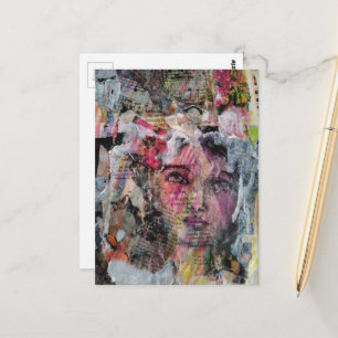 Unique face mixed media collage postcard