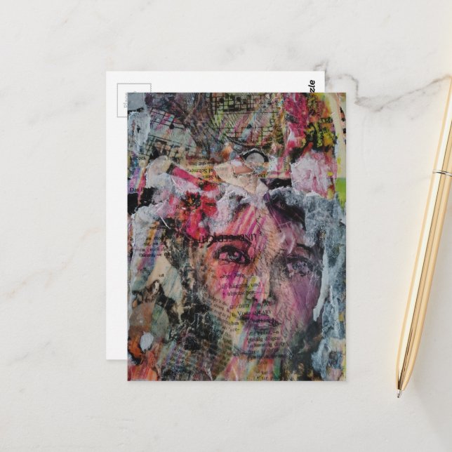 Unique face with words colorful mixed media  postcard (Front/Back In Situ)