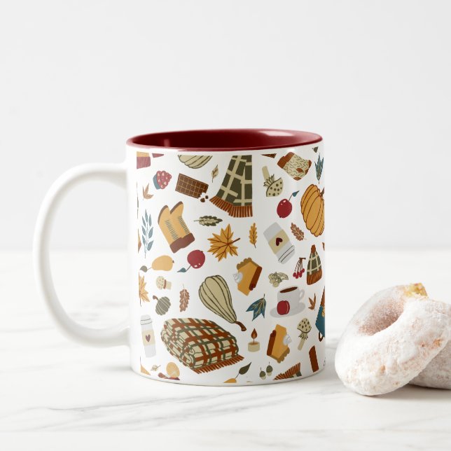 Unique Fall Leaves Autumn Pumpkins Two-Tone Coffee Mug (With Donut)