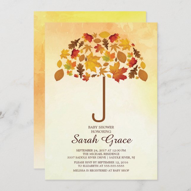 Unique Fall Leaves Umbrella BabyShower Invite (Front/Back)
