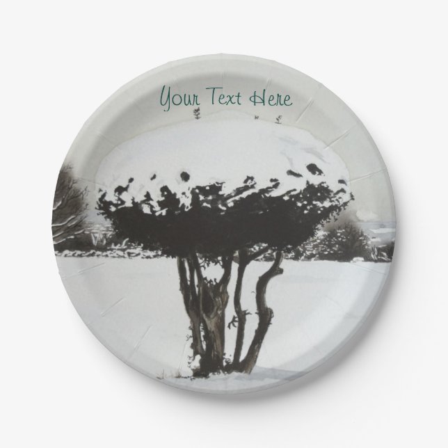 unique festive landscape snow scene at christmas paper plate (Front)