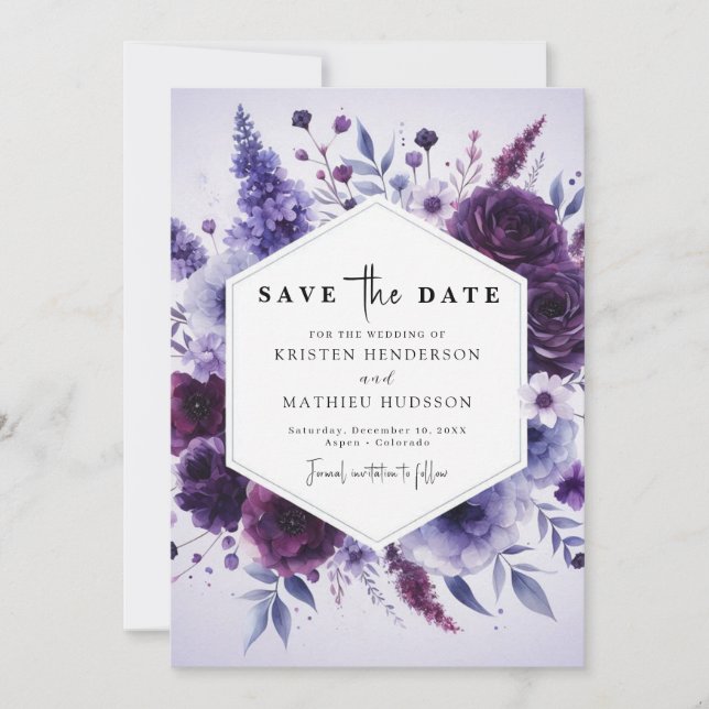 Unique Field Purple Floral Wedding Save The Date (Front)