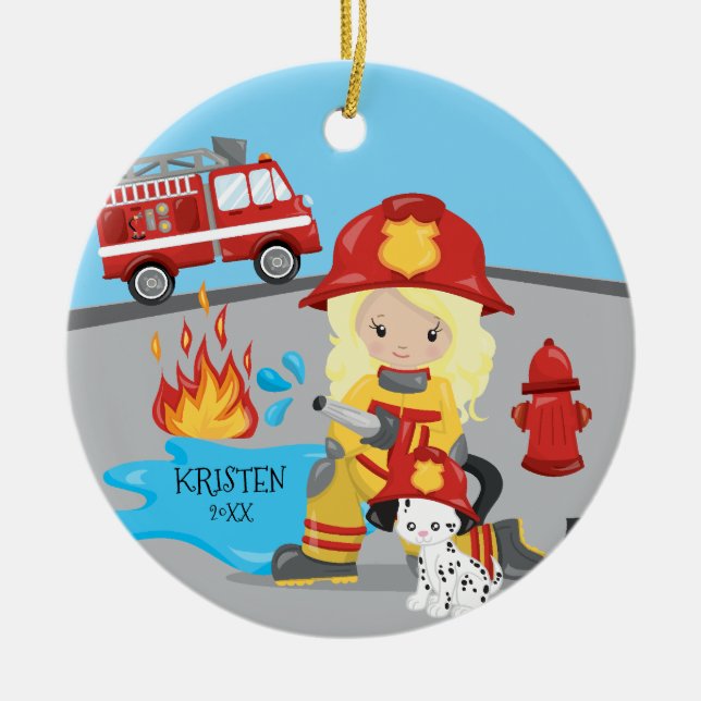 Unique Firefighter Blonde Girl Christmas Ceramic Tree Decoration (Front)