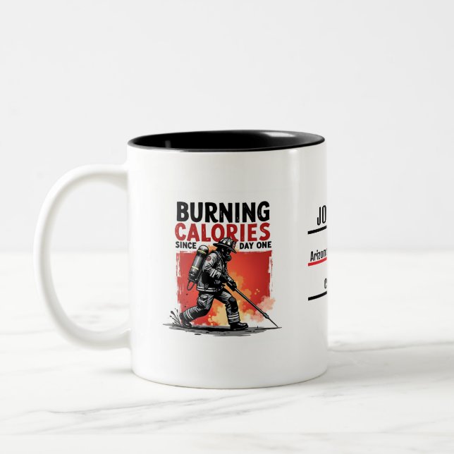 Unique Firefighter or Fireman, Black and Red Funny Two-Tone Coffee Mug (Left)