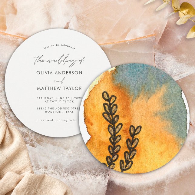 Unique Floral Artistic Watercolor Orange Wedding Invitation (Front/Back)
