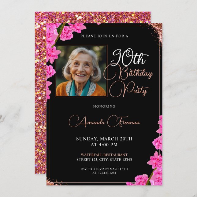 Unique Floral Glitter 90th Birthday Invitation (Front/Back)