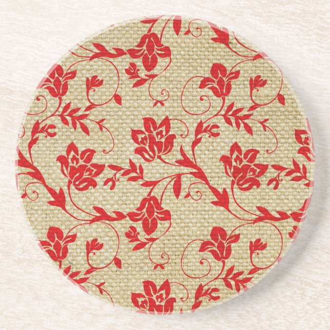 Unique Floral Pattern On Linen Custom Red Coaster (Front)