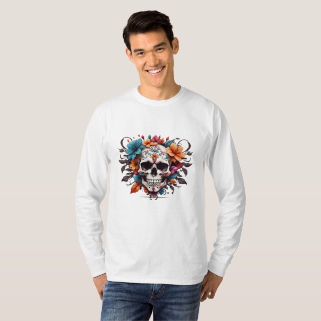 Unique Floral Skull Design T-Shirt (Front Full)
