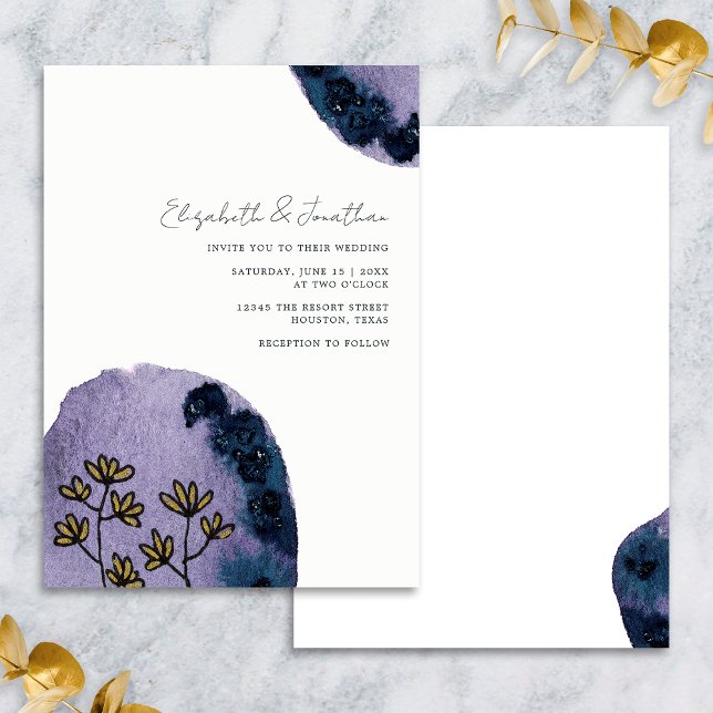 Unique Floral Watercolor Navy Blue Purple Wedding Invitation (Front/Back)