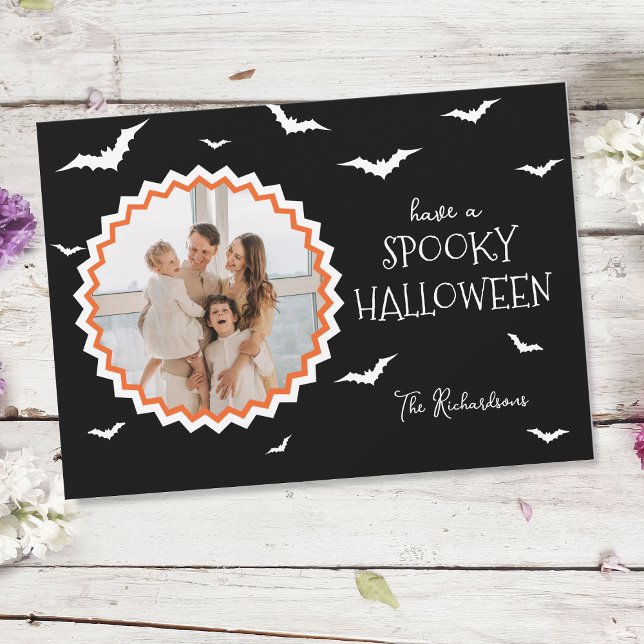 Unique Frame Black Halloween Photo Holiday Card (Halloween's magic comes to life in shades of joy with this custom photo holiday card!)