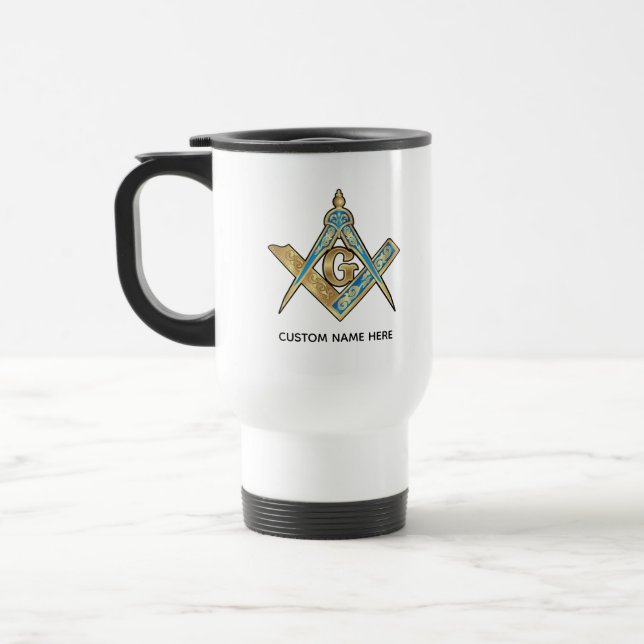 Unique Freemason Gifts | Gold Masonic Compass Travel Mug (Left)