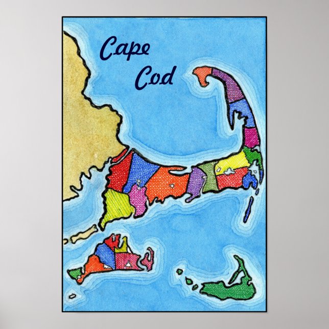 Unique Fun and Colourful Cape Cod Map Poster (Front)