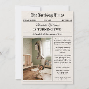 Unique Fun Newspaper Photo 2nd Birthday Invitation