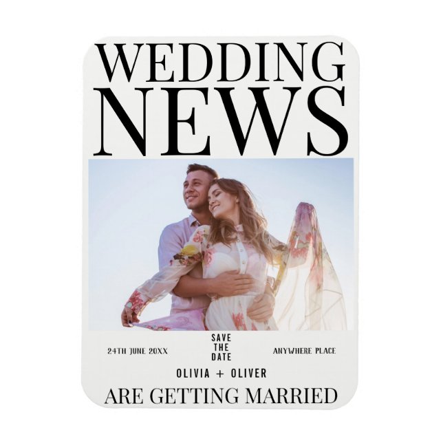 Unique fun photo newspaper wedding save the date magnet (Vertical)