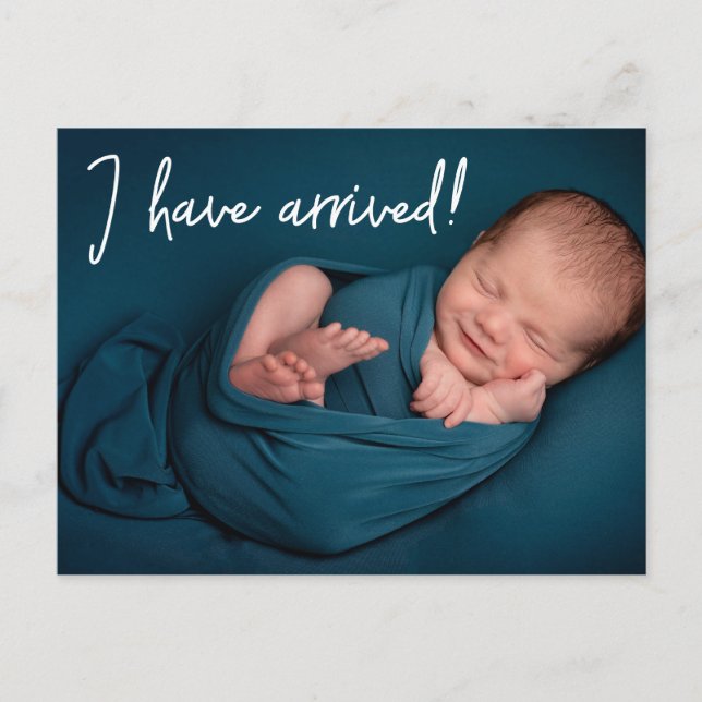 Unique Funny I have arrived Baby boy Photo birth Announcement Postcard (Front)