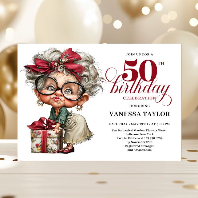 Unique Funny Lady 50th Birthday Humor Cartoon  Invitation (Unique Funny Lady 50th Birthday Humor Cartoon Invitation)