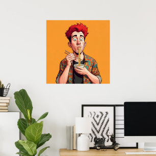 Unique funny man Eating his noodles happily Orange Poster