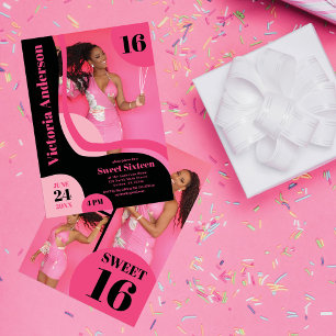 Unique Geometric Pink Black Four Photo Sweet 16 Invitation