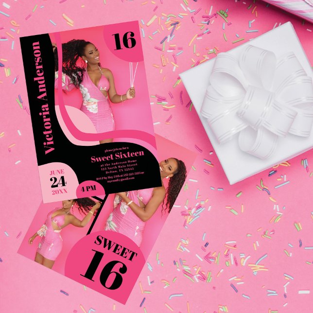 Unique Geometric Pink Black Four Photo Sweet 16 Invitation (Creator Uploaded)