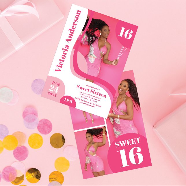 Unique Geometric Pink White Four Photo Sweet 16 Invitation (Creator Uploaded)