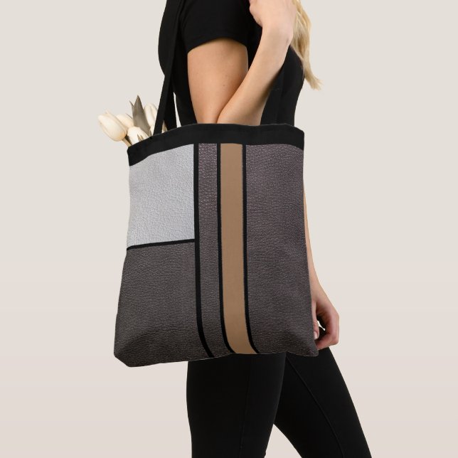 Unique Geometric Squares & Lines on Faux Leather Tote Bag (Close Up)