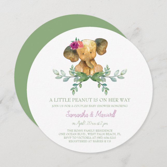 Unique Girl Elephant Baby Shower Invitation (Front/Back)