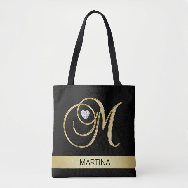 Unique Gold Black Monogrammed Letter Initials M Tote Bag (Front)