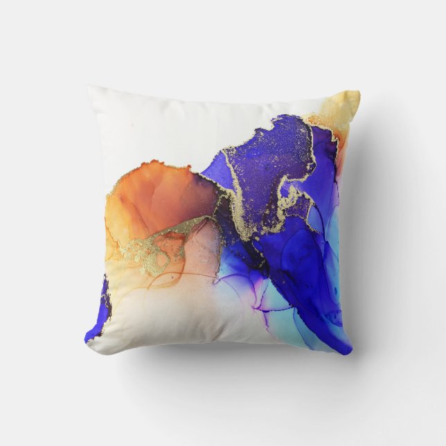 Unique Gold Blue Orange Abstract Cushion (Front)