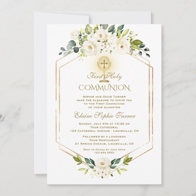 Unique Gold White Flowers First Holy Communion Invitation (Front)
