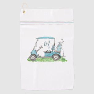 Unique Golf Cart Blue Monogram Watercolor Towel