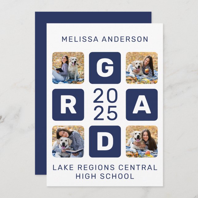 Unique Grad Navy Blue White 4 Photo Graduation Announcement (Front/Back)