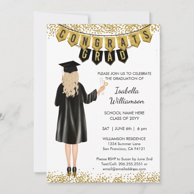 Unique Graduation Invitation Blonde Hair (Front)
