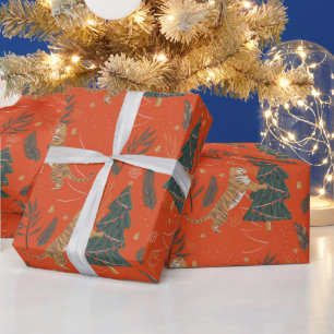 Unique Green and Red Christmas Tree Tiger  Wrapping Paper