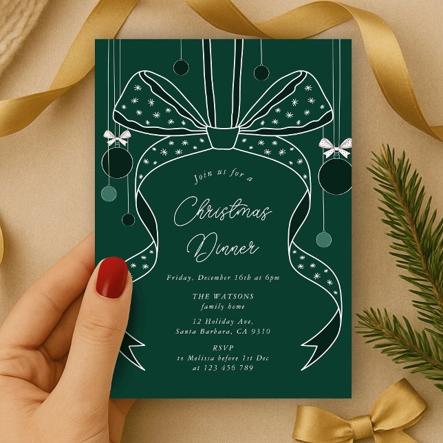 Unique Green Bow & Ribbons Elegant Christmas Party Invitation (elegant bow and ribbon Christmas party invitation green and white)