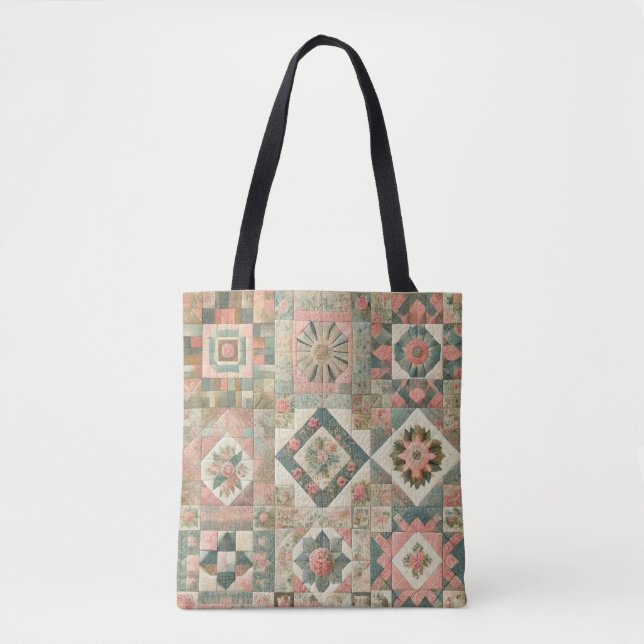 Unique Green & Pink Terracotta Quilt & Patchwork  Tote Bag (Front)