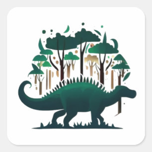 Unique Green Stegosaurus Dinosaur Forest Square Sticker