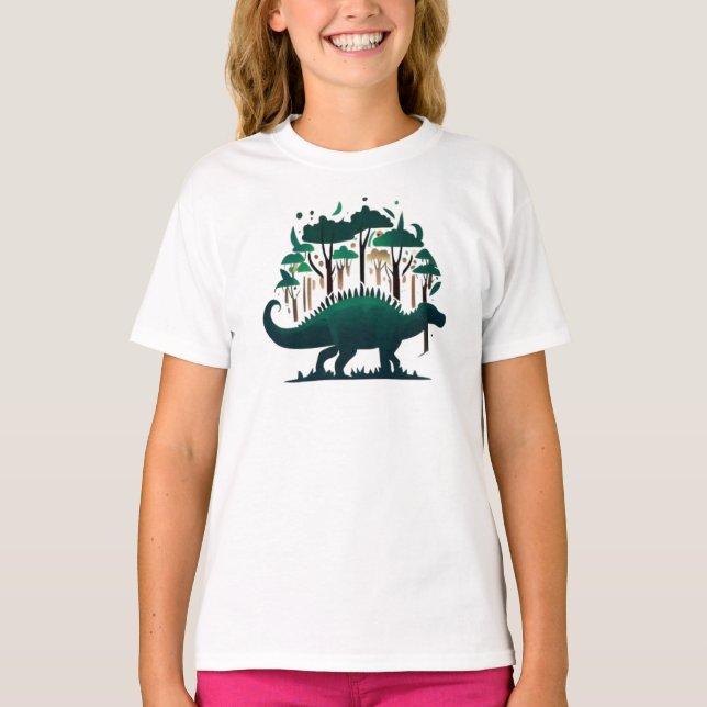 Unique Green Stegosaurus Dinosaur Forest T-Shirt (Front)