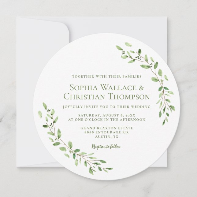 Unique Greenery Watercolor wreath Wedding monogram Invitation (Front)