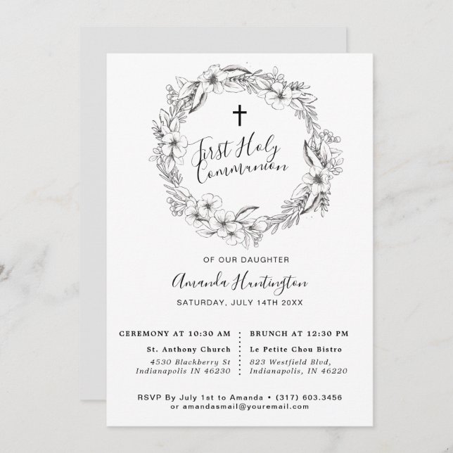 Unique Grey Floral First Holly Communion Invitation (Front/Back)