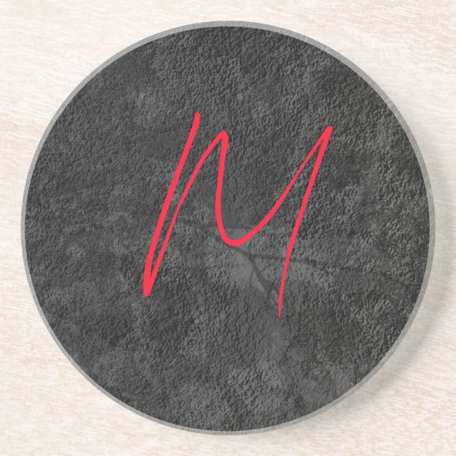 Unique grey red monogram name initial calligraphy coaster (Front)