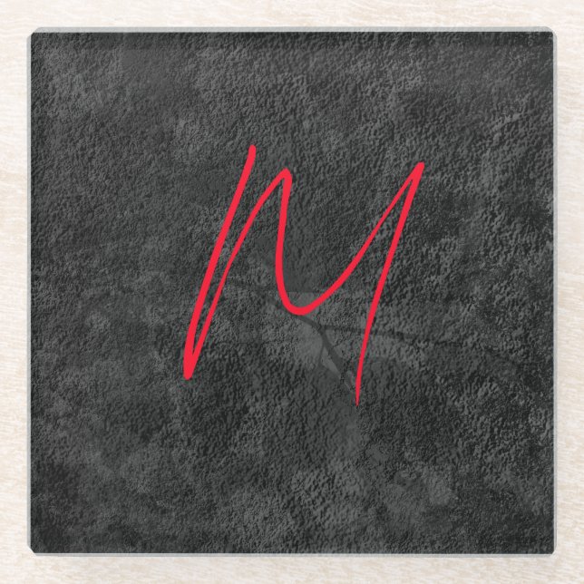 Unique grey red monogram name initial calligraphy glass coaster (Front)