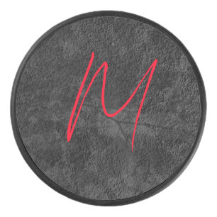 Unique grey red monogram name initial calligraphy hockey puck