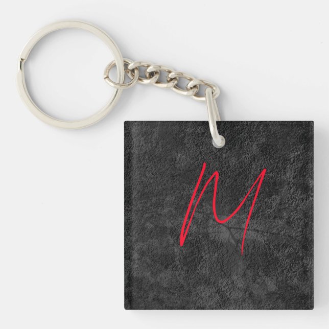 Unique grey red monogram name initial calligraphy key ring (Front)
