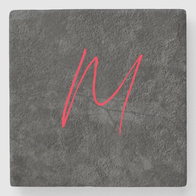 Unique grey red monogram name initial calligraphy stone coaster (Front)