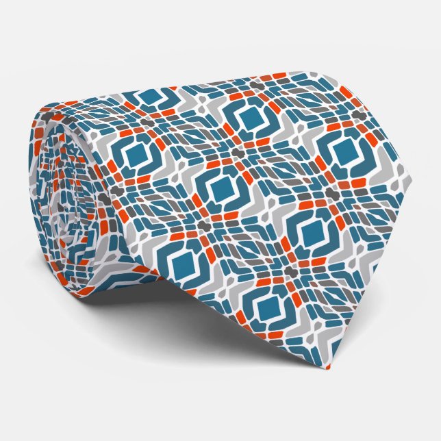 Unique Grey Teal Blue Orange White Tribal Art Tie (Rolled)