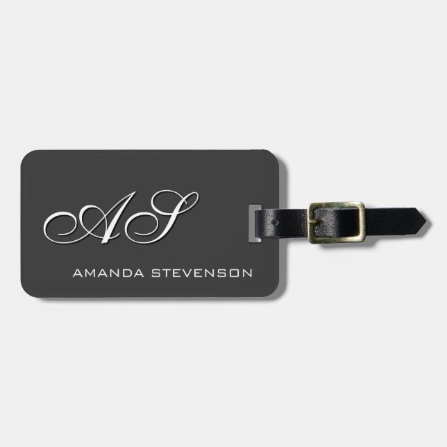 Unique Grey White Script Monogram Luggage Tag (Front Horizontal)