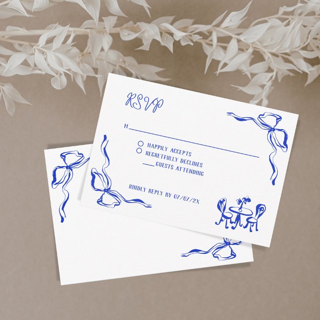 Unique Hand Drawn Contemporary QR Code French Bow Enclosure Card (BLUE ONK DOODLE)