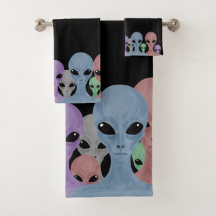 Unique Hand Drawn Multi Coloured Aliens  Bath Towel Set
